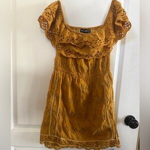 PrettyLittleThing Boho Off The Shoulder Mustard Eyelet Dress Size 10